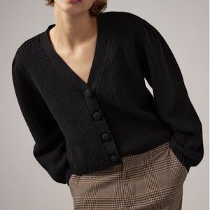 Zara Black Ribbed Knit Sweater Cardigan with Balloon Sleeves